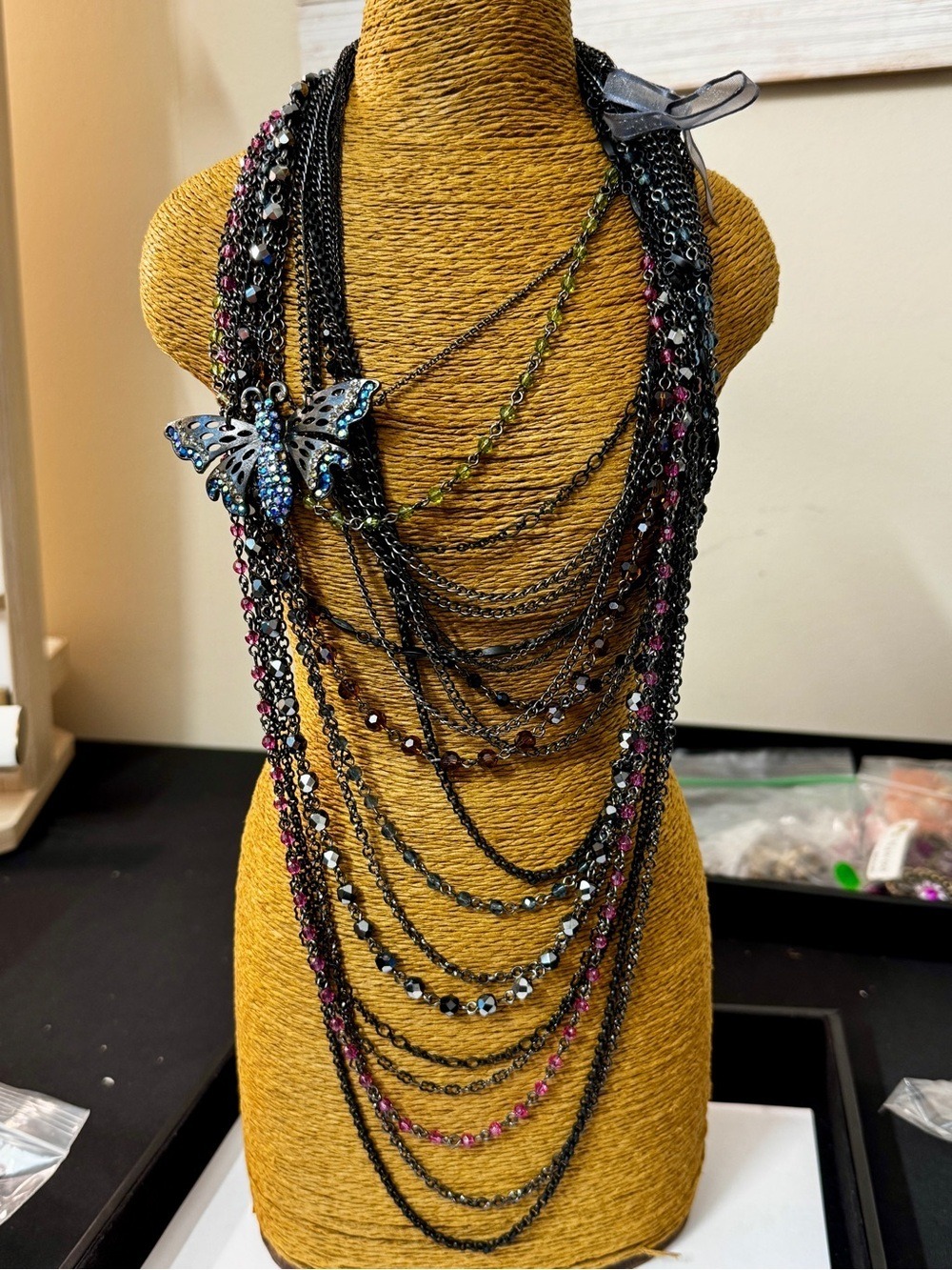 Multi-Strand Black Crystal Butterfly Statement Necklace